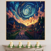 Patriotic Village with Glowing Homes, American Flags, and Swirling Sky at Sunset, Whimsical 4th of July Scene with Stars, Mountains, and Radiant Colors on Ready to Hang 1.5" Thick Canvas Wrap, Floating Framed Canvas, Flat Rolled Canvas
